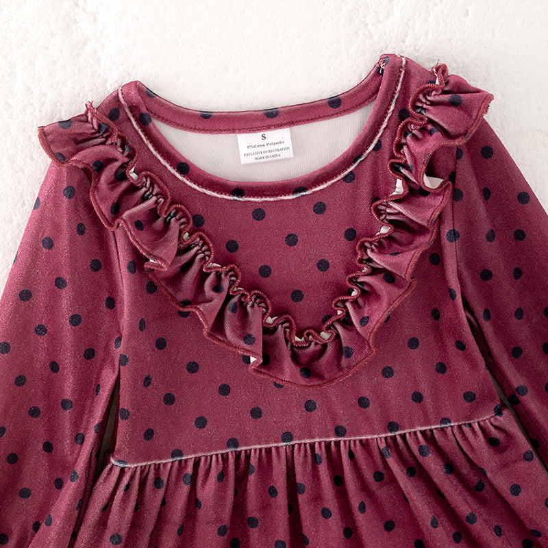 (In Stock)Girls Fall&Winter Fuchsia Velvet Dot Dress