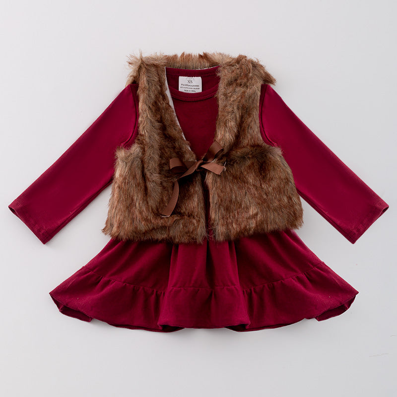 (In Stock G21-2-1)Girls Fall Fuchsia Cotton Dress with Faux Fur Vest