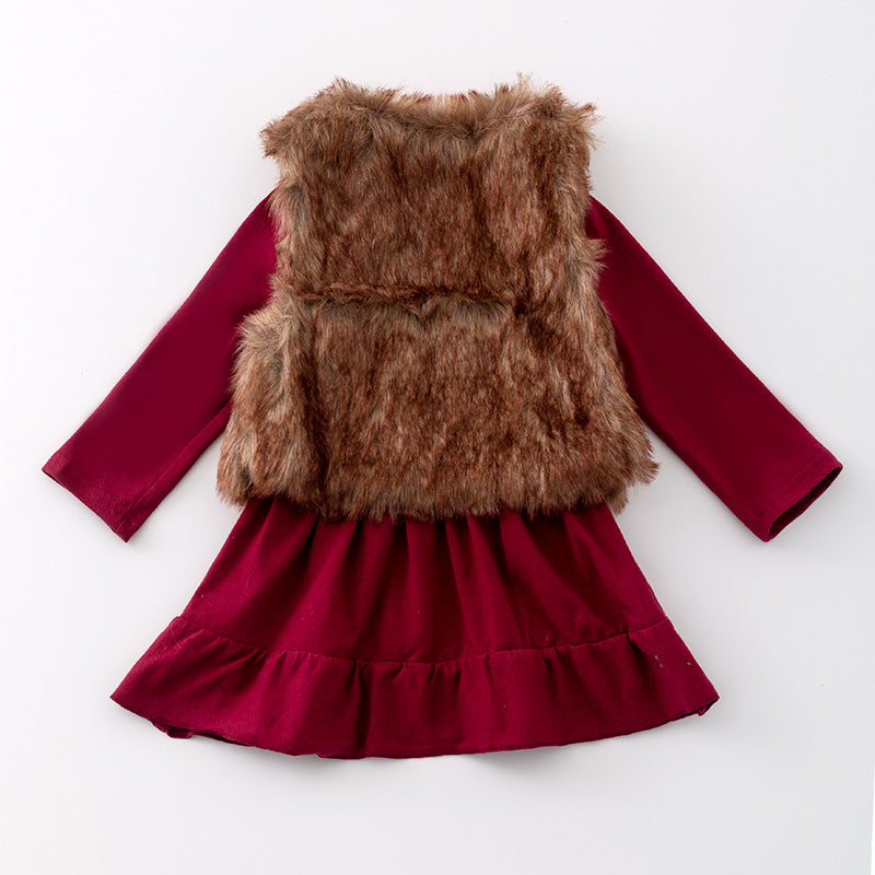 (In Stock G21-2-1)Girls Fall Fuchsia Cotton Dress with Faux Fur Vest