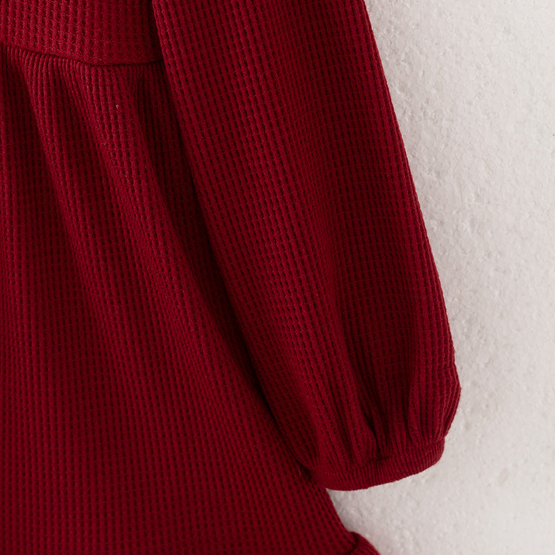 (In Stock)Girls Fall&Winter Dark Red Waffle Fabric Dress