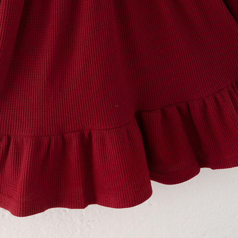 (In Stock)Girls Fall&Winter Dark Red Waffle Fabric Dress