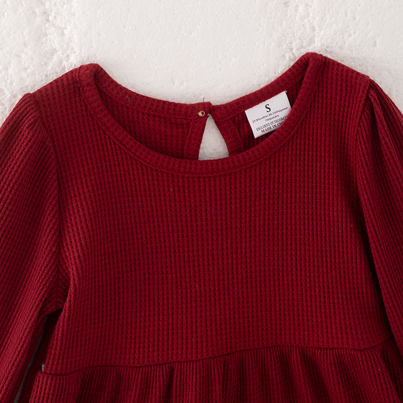 (In Stock)Girls Fall&Winter Dark Red Waffle Fabric Dress