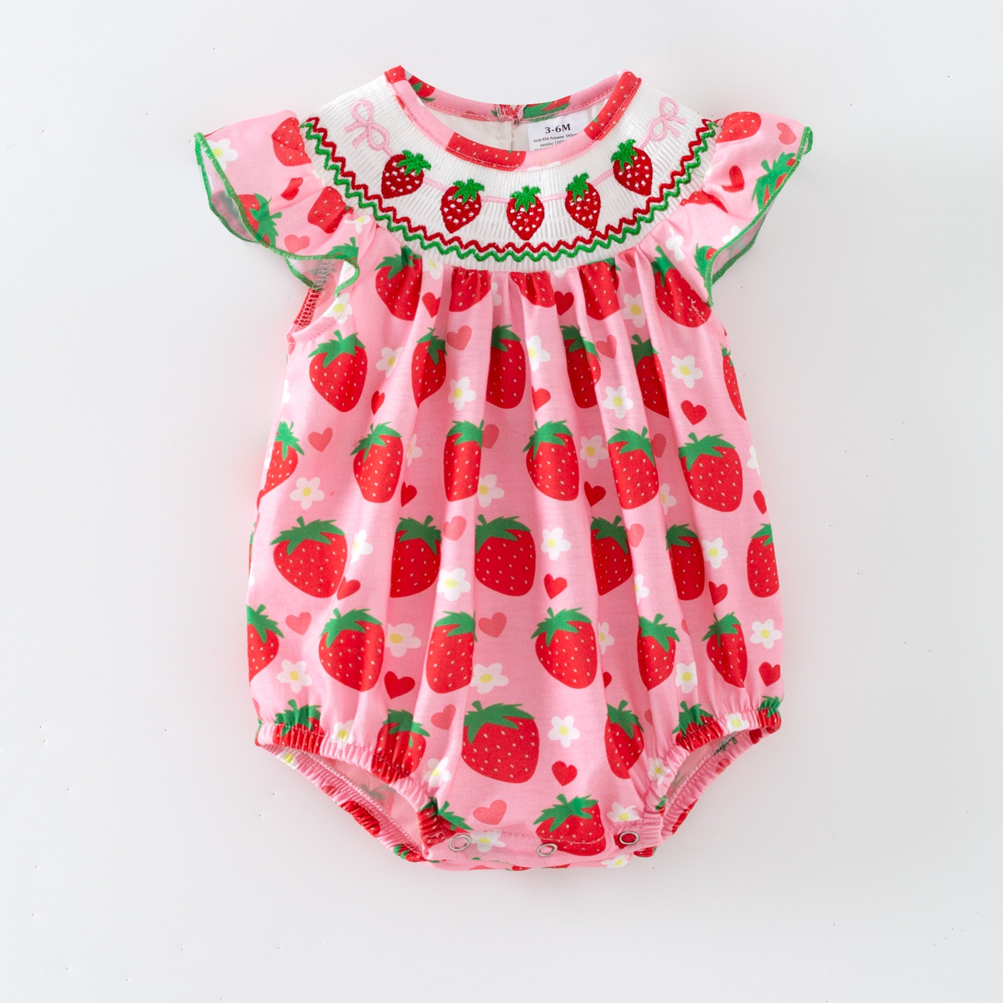 (In Stock)Toddler Girls Spring&Summer Strawberry Embroidery Smocked Romper