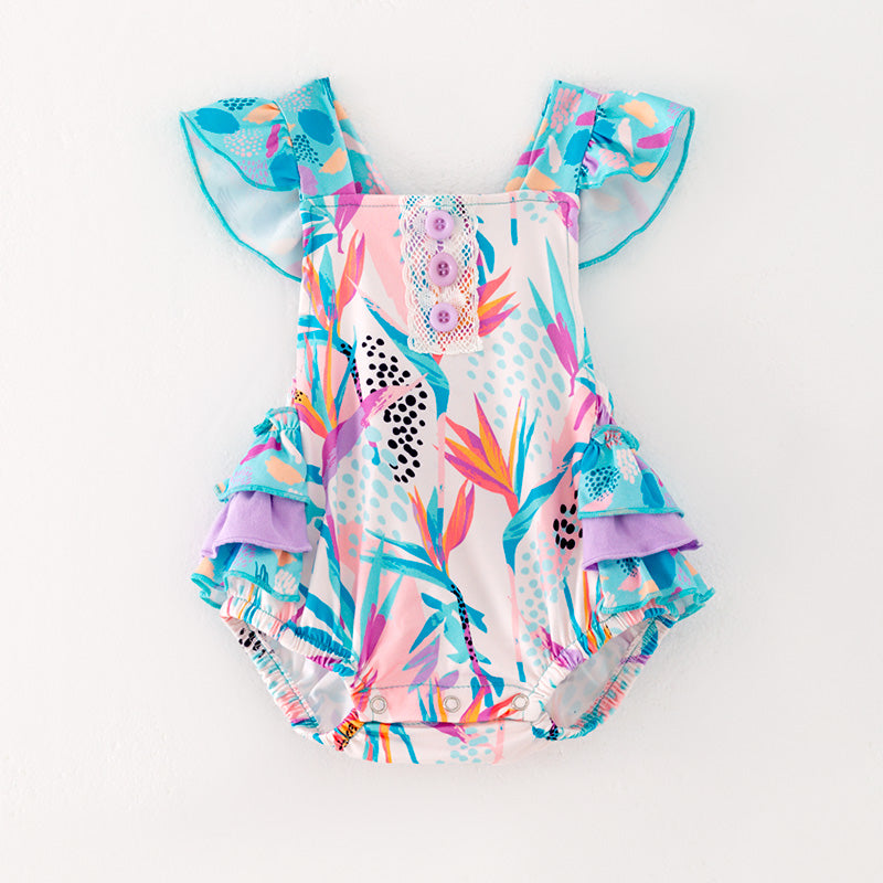 (In Stock)Toddler Girls Spring&Summer Cyan Print Ruffled Romper