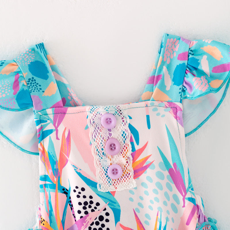 (In Stock)Toddler Girls Spring&Summer Cyan Print Ruffled Romper
