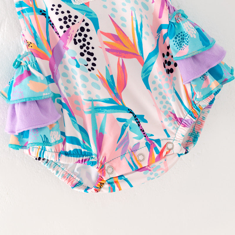 (In Stock)Toddler Girls Spring&Summer Cyan Print Ruffled Romper