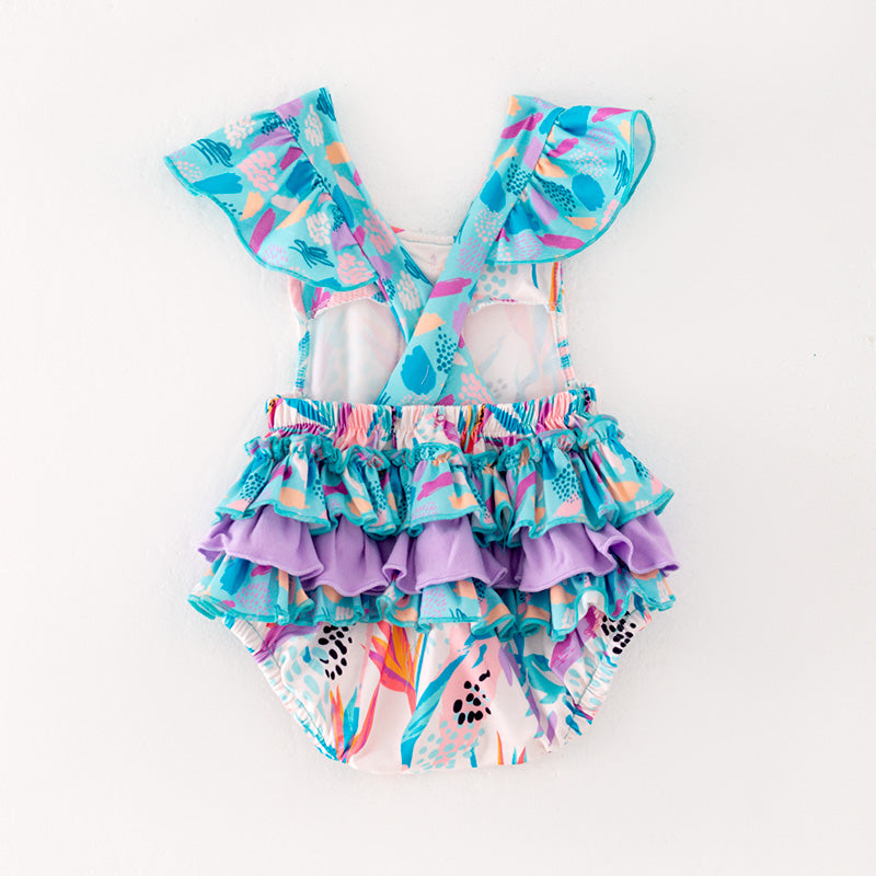 (In Stock)Toddler Girls Spring&Summer Cyan Print Ruffled Romper