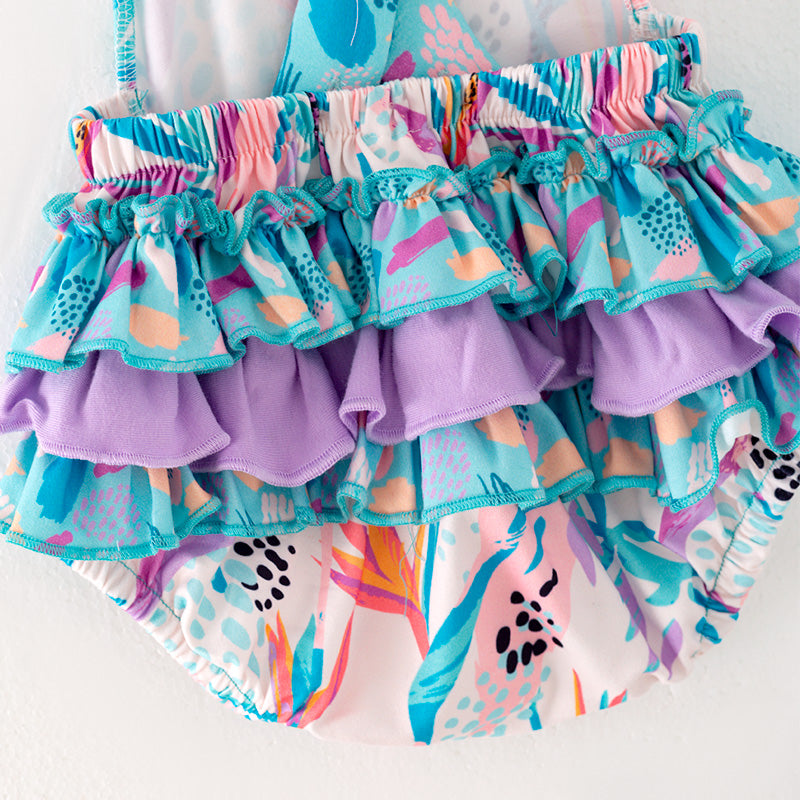 (In Stock)Toddler Girls Spring&Summer Cyan Print Ruffled Romper