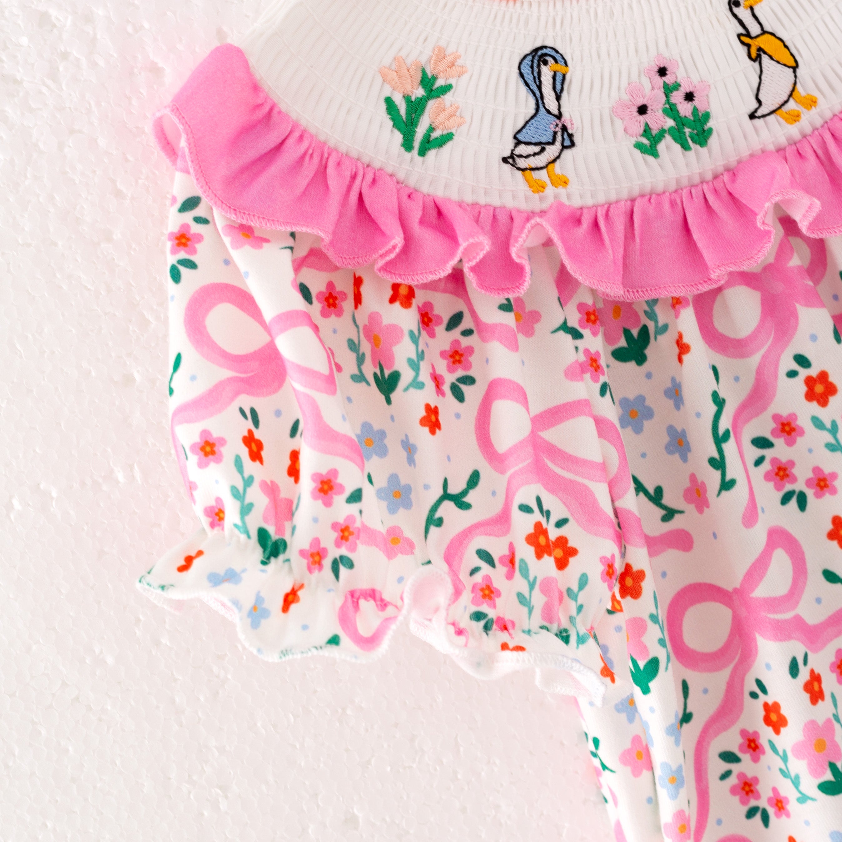 (Pre Order)Sisters Spring and Summer Goose Embroidery Smocked Romper