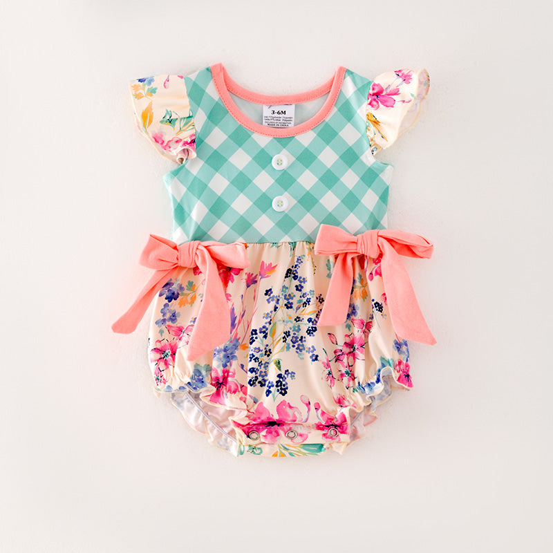 (In Stock L11-05-03)Baby Girls Green Plaid Floral Print Romper