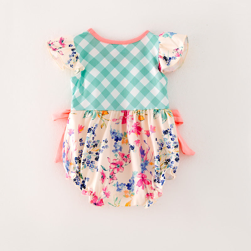 (In Stock L11-05-03)Baby Girls Green Plaid Floral Print Romper
