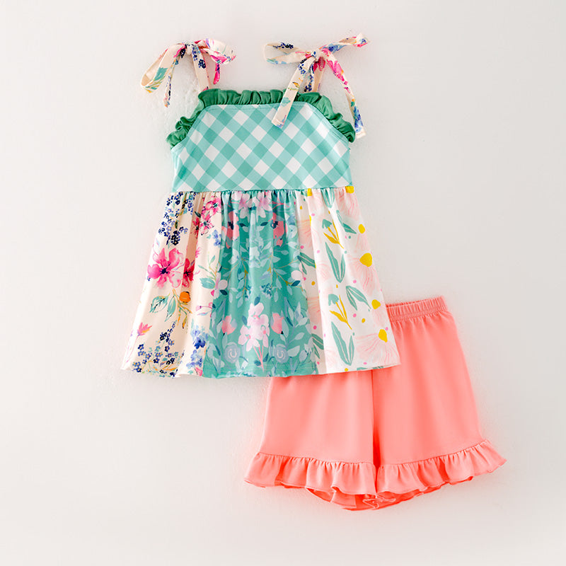 (In Stock L10-02-03)Girls Green Plaid Floral Print Short Set