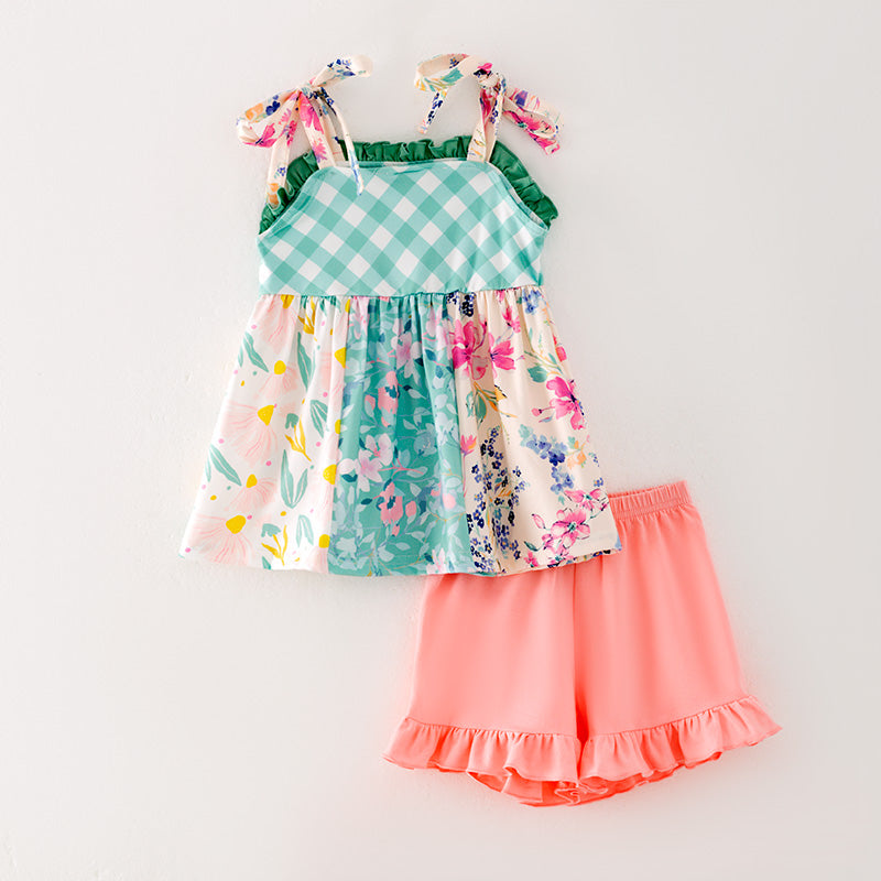 (In Stock L10-02-03)Girls Green Plaid Floral Print Short Set