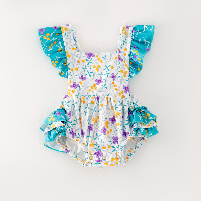 (In Stock L05-03-01)Baby Girls Turquoise Floral Print Romper