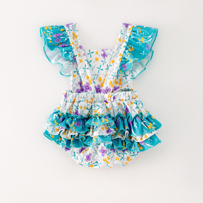 (In Stock L05-03-01)Baby Girls Turquoise Floral Print Romper