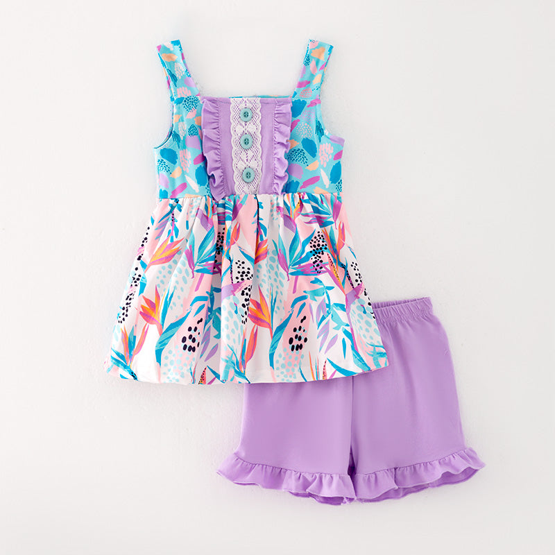 (In Stock)Girls Spring&Summer Cyan Print Top Ruffled Short Set
