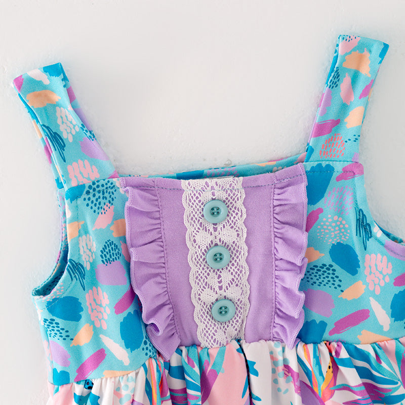 (In Stock)Girls Spring&Summer Cyan Print Top Ruffled Short Set