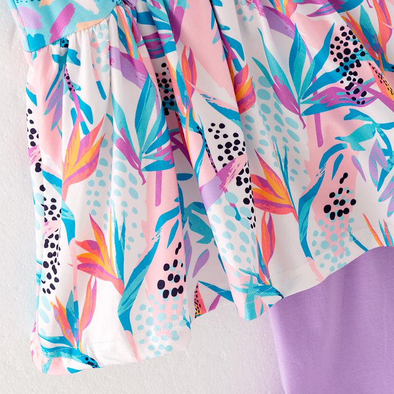 (In Stock)Girls Spring&Summer Cyan Print Top Ruffled Short Set