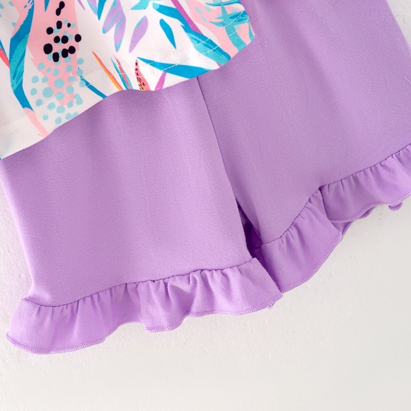 (In Stock)Girls Spring&Summer Cyan Print Top Ruffled Short Set
