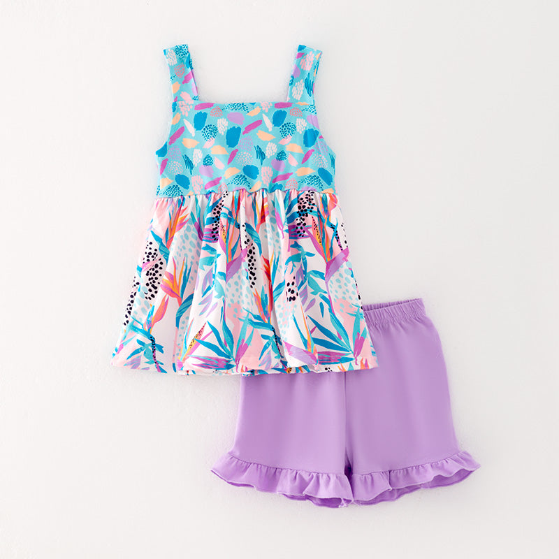 (In Stock)Girls Spring&Summer Cyan Print Top Ruffled Short Set