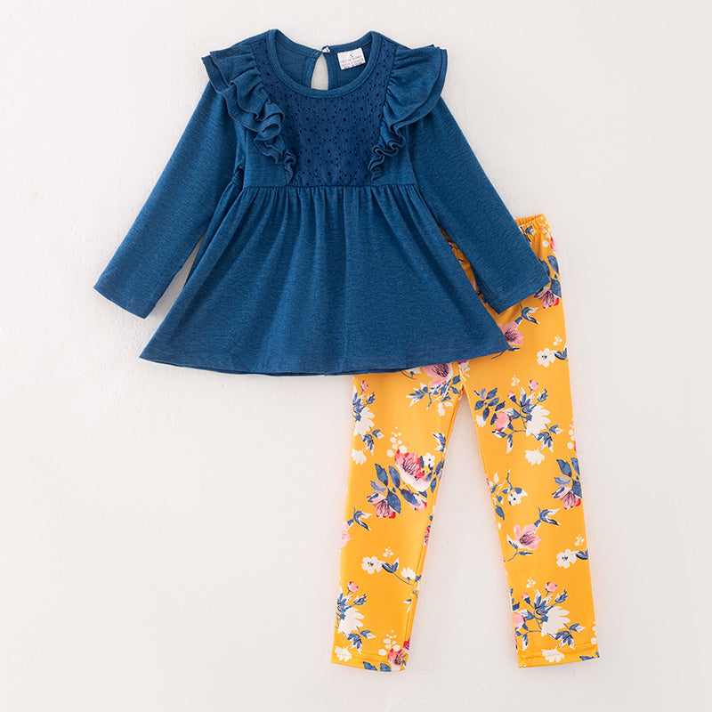 (In Stock)Girls Fall Navy Blue Cotton Top Floral Print Pants Set