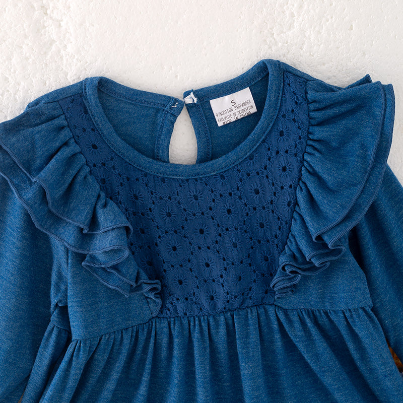 (In Stock)Girls Fall Navy Blue Cotton Top Floral Print Pants Set