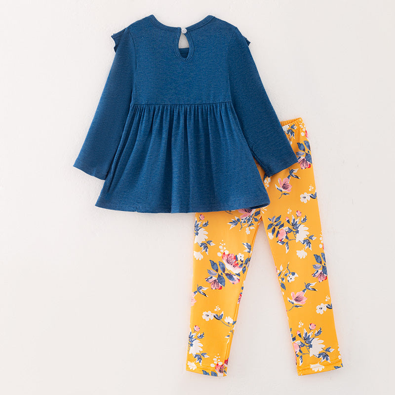 (In Stock)Girls Fall Navy Blue Cotton Top Floral Print Pants Set