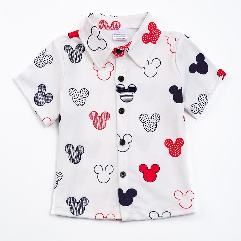 (In Stock Q08-05-02 L11-02-02)Mickey Mouse Portrait Print Boys Button Up Short Sleeve Shirt