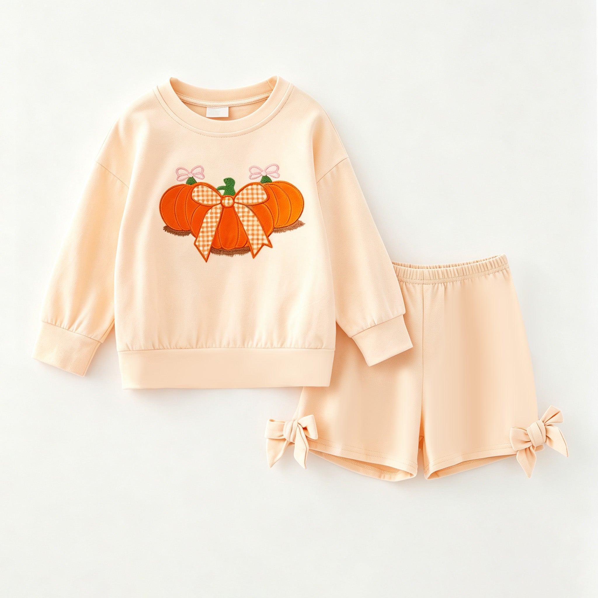 (In Stock)Girls Pumpkin Applique Cotton Shorts Set