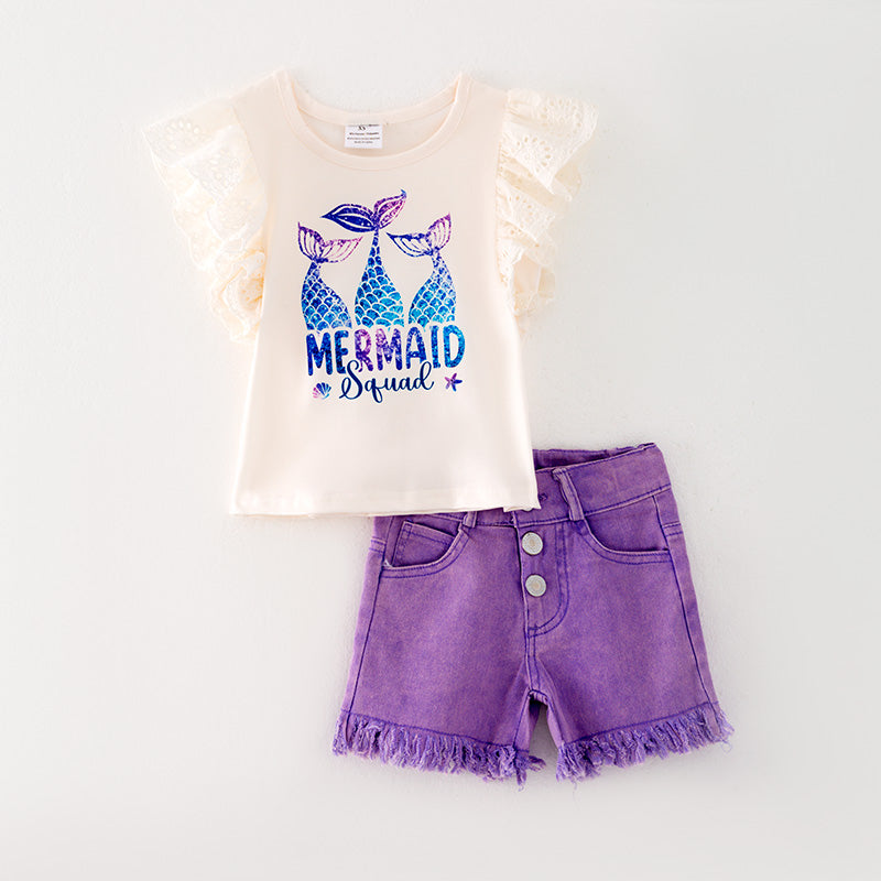 (In StockL11-03-01)Girls Mermaid Print Purple Denim Set