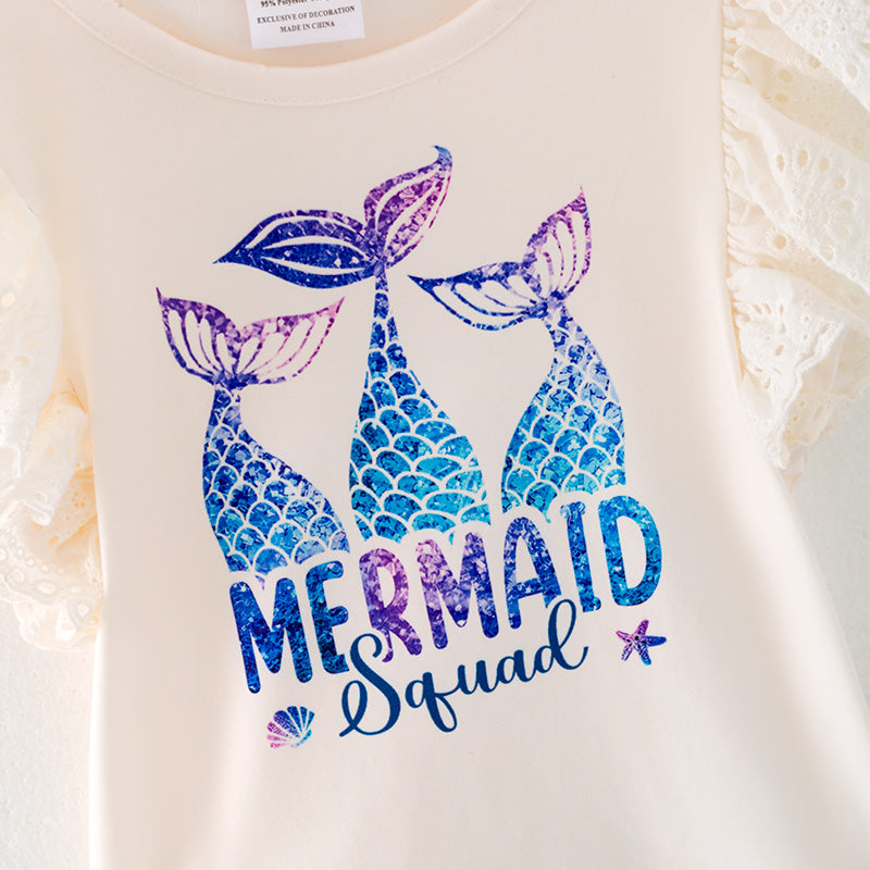 (In StockL11-03-01)Girls Mermaid Print Purple Denim Set