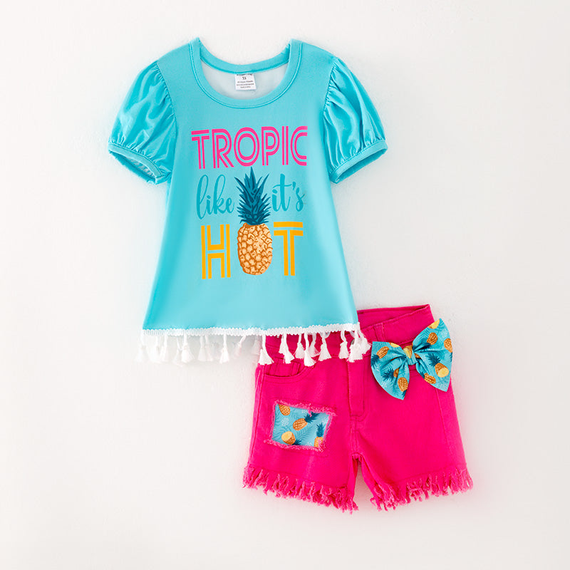 Girls Pink “Kind” Summer Co-Ord Set – Ruffle Sleeve Top with Denim Bow Shorts