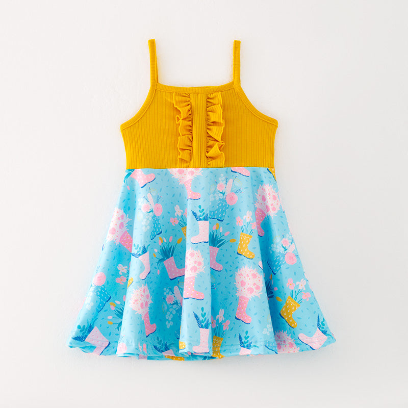 (In Stock L11-01-01)Girls Pink Boots Print Slip Dress