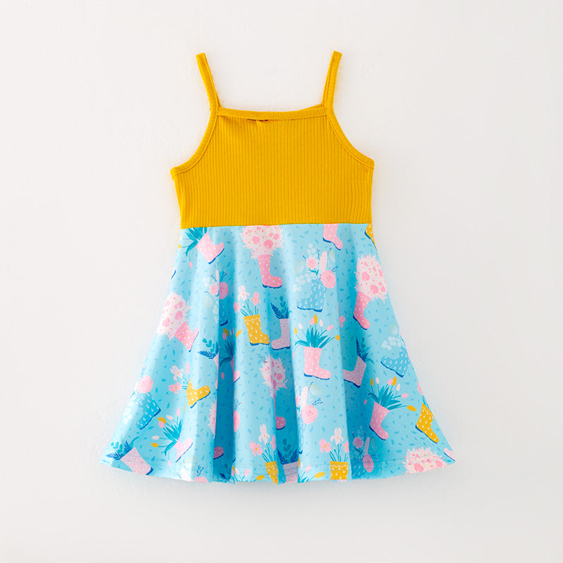 (In Stock L11-01-01)Girls Pink Boots Print Slip Dress