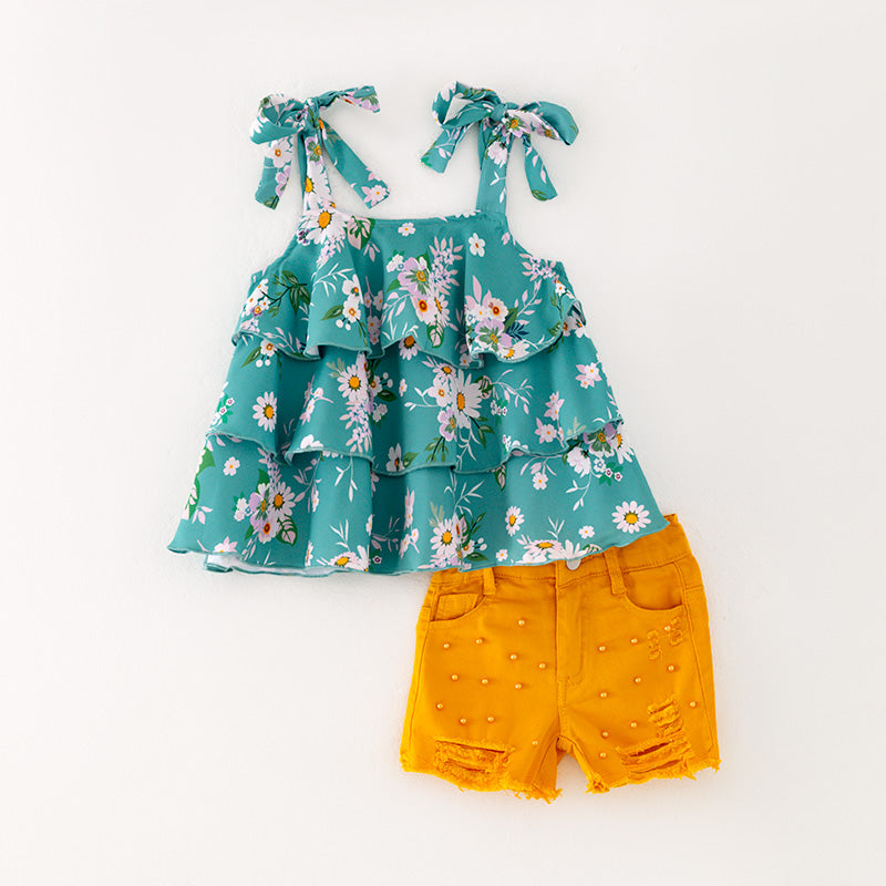 (In Stock L09-02-01)Girls Floral Print Top Orange Denim Set