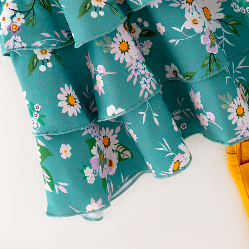 (In Stock L09-02-01)Girls Floral Print Top Orange Denim Set