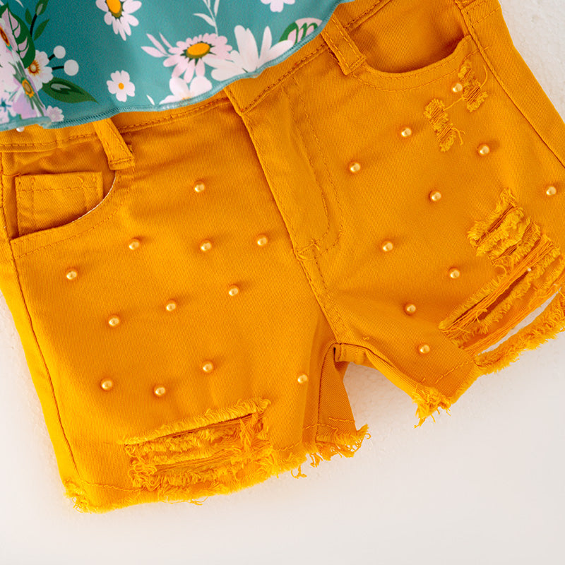 (In Stock L09-02-01)Girls Floral Print Top Orange Denim Set