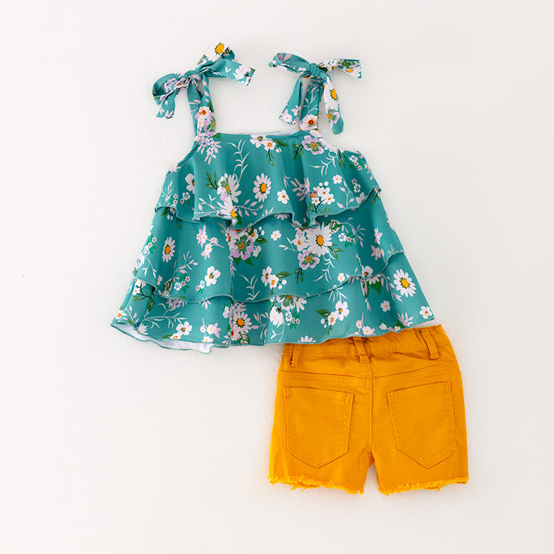 (In Stock L09-02-01)Girls Floral Print Top Orange Denim Set