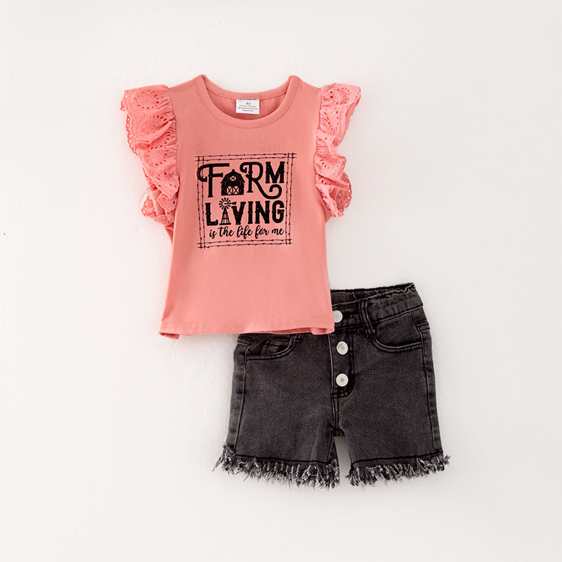 (In Stock L11-03-01)Girls Pink Top Denim Set