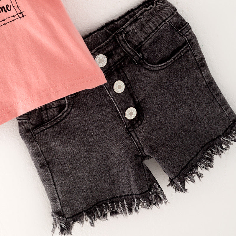 (In Stock L11-03-01)Girls Pink Top Denim Set