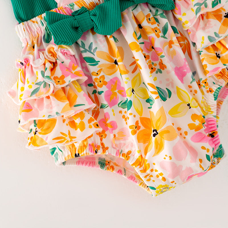 (In Stock L10-01-02)Baby Girls Green Top Floral Print Romper