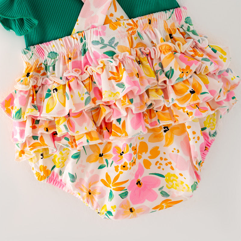 (In Stock L10-01-02)Baby Girls Green Top Floral Print Romper