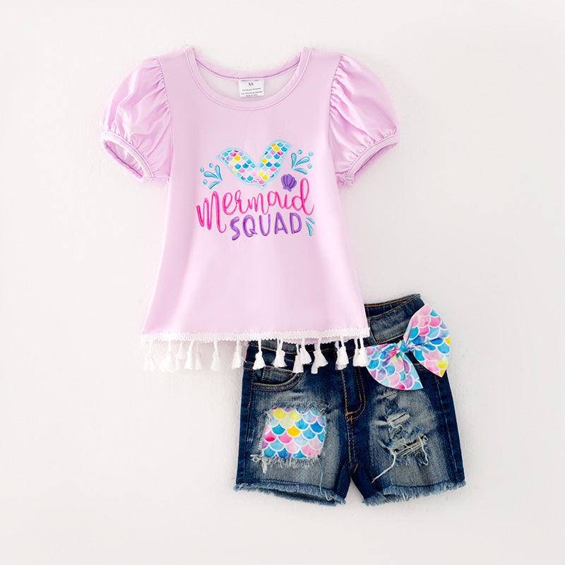(In Stock L09-03-01)Girls Fringe Top Denim Set