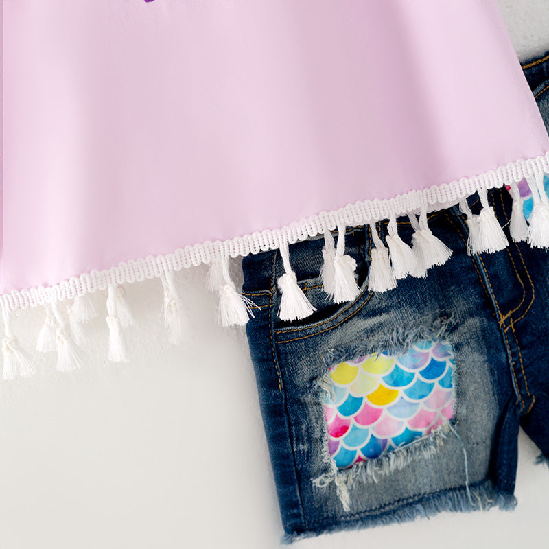 (In Stock L09-03-01)Girls Fringe Top Denim Set