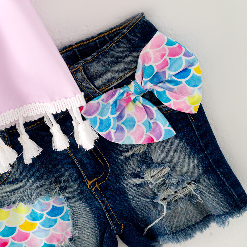 (In Stock L09-03-01)Girls Fringe Top Denim Set