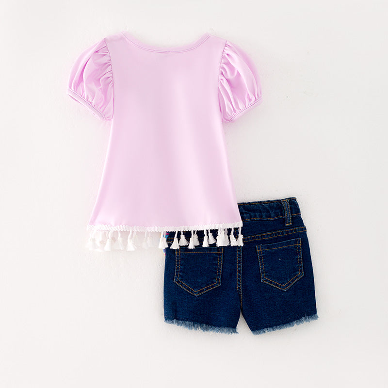 (In Stock L09-03-01)Girls Fringe Top Denim Set