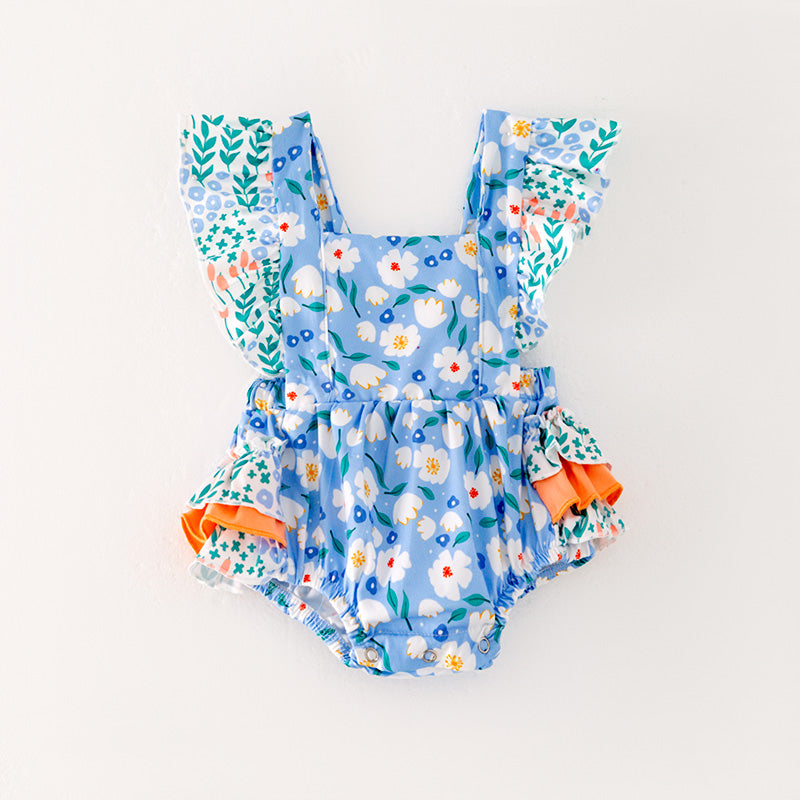 (In Stock)Baby Girls Blue Floral Print Romper