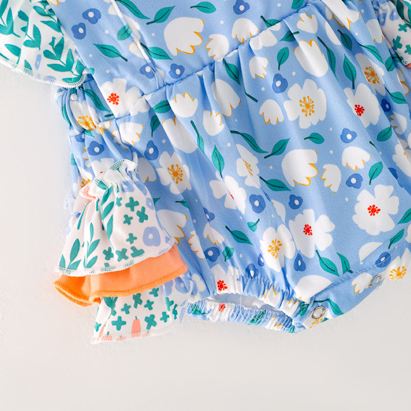 (In Stock)Baby Girls Blue Floral Print Romper