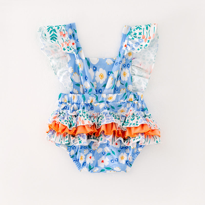 (In Stock)Baby Girls Blue Floral Print Romper