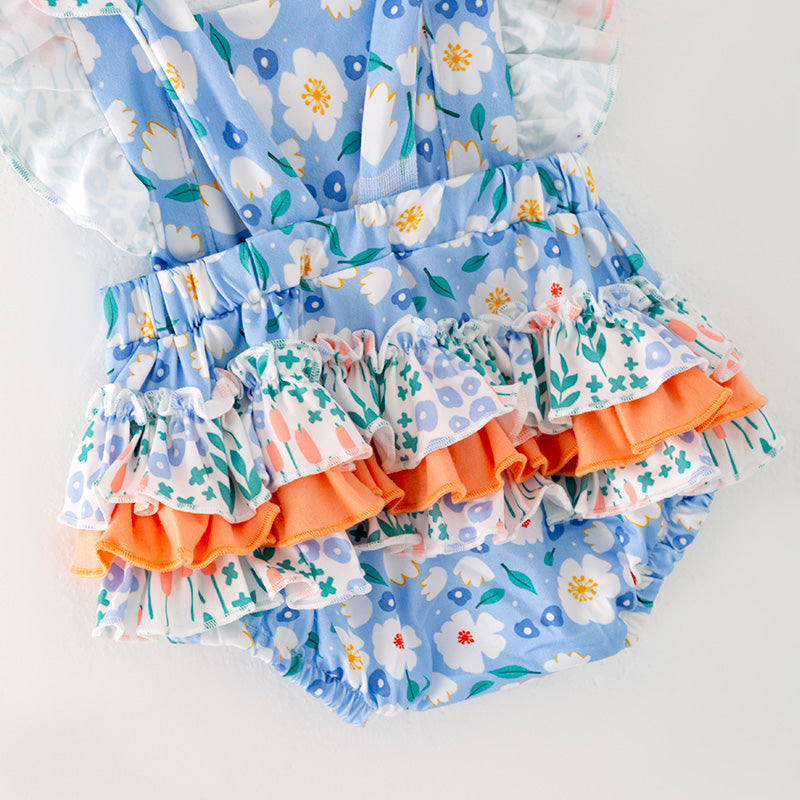 (In Stock)Baby Girls Blue Floral Print Romper